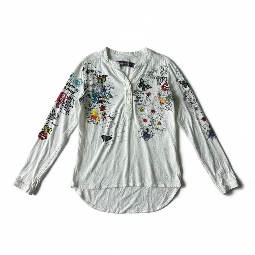 Desigual Artsy Floral Graphic White Long Sleeve Top Girls 5/6